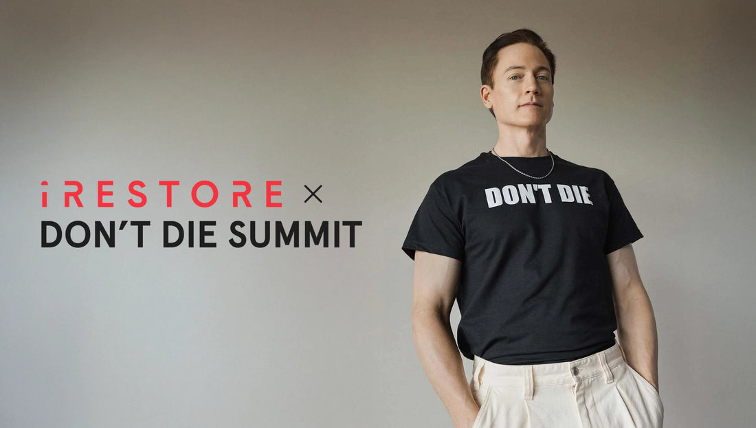 Bryan Johnson standing wearing t-shirt with "DON'T DIE"