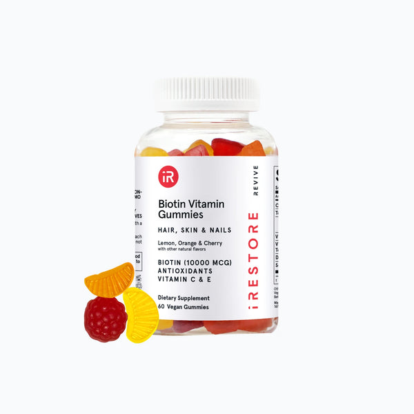 Image of the Biotin Vitamin Gummies bottle with gummies on the side.