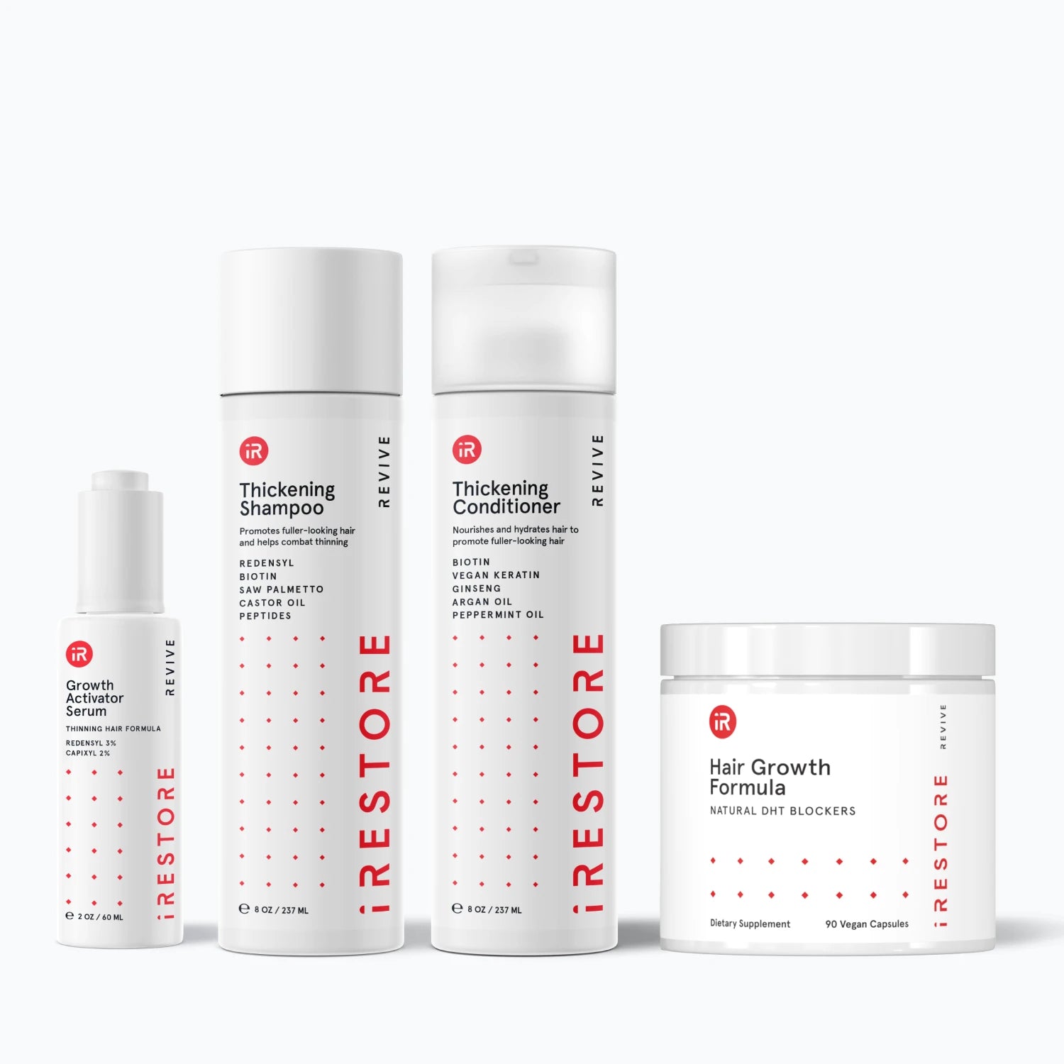 Image showing the REVIVE Max Growth Kit. Includes the Thickening Shampoo, Thickening Conditioner, Growth Activator Serum and the Hair Growth Formula.