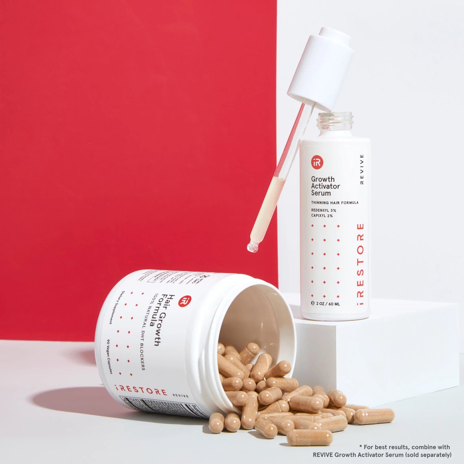 Image showing an opened jar of the Hair Growth Formula tipped on its side, placed on a table with spilled tablets around it. The Growth Activator Serum is also showcased in the image placed beside the supplement.