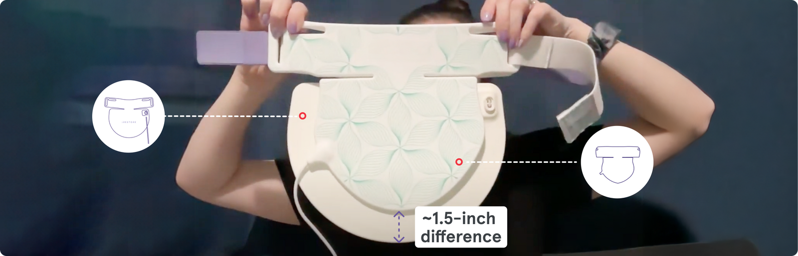 iRESTORE LED neck and check mask's size in comparison to competitor neck and chest mask. The iRESTORE neck and chest mask is 1.5 inch wider, providing greater coverage. 