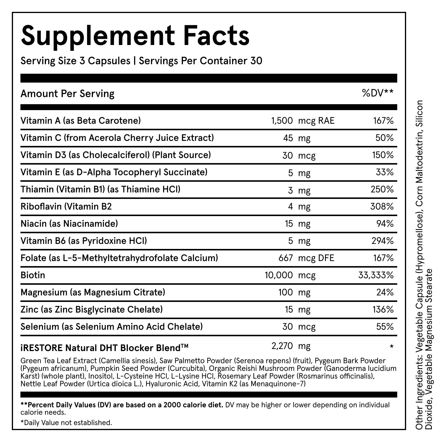 An image of the Hair Growth Formula Supplement Facts and Ingredients . Serving size, 3 capsules. Servings per container, 30. Ingredients. Green Tea Leaf Extract (Camellia sinesis)m Saw Palmetto Powder (Serenoa repensl fruit), Pygeum Bark Powder (Pygeum africanum), Pumpkin Seed Powder (Cucurbita)m Organic Reishi Mushroom Powder (Ganoderma lucidium Karstl), Inositol, L-Cysteine, HCI, Rosemary Leaf Powder (Rosmarinus Officinalis), Nettle Leaf Powder (Urtica dioica L), Hyaluronic acid, Vitamin K2.