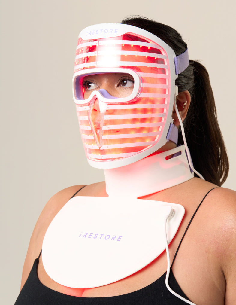 Image of a woman wearing the Illumina Face Mask and the Neck & Chest Mask.