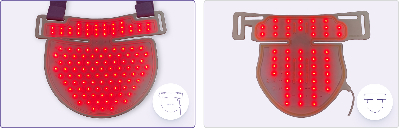 Comparison of two LED neck and chest masks highlighting power: The left image shows iRESTORE's LED neck and chest mask having 230 medical-grade LEDs 2 times more than the competitor mask shown in the right image