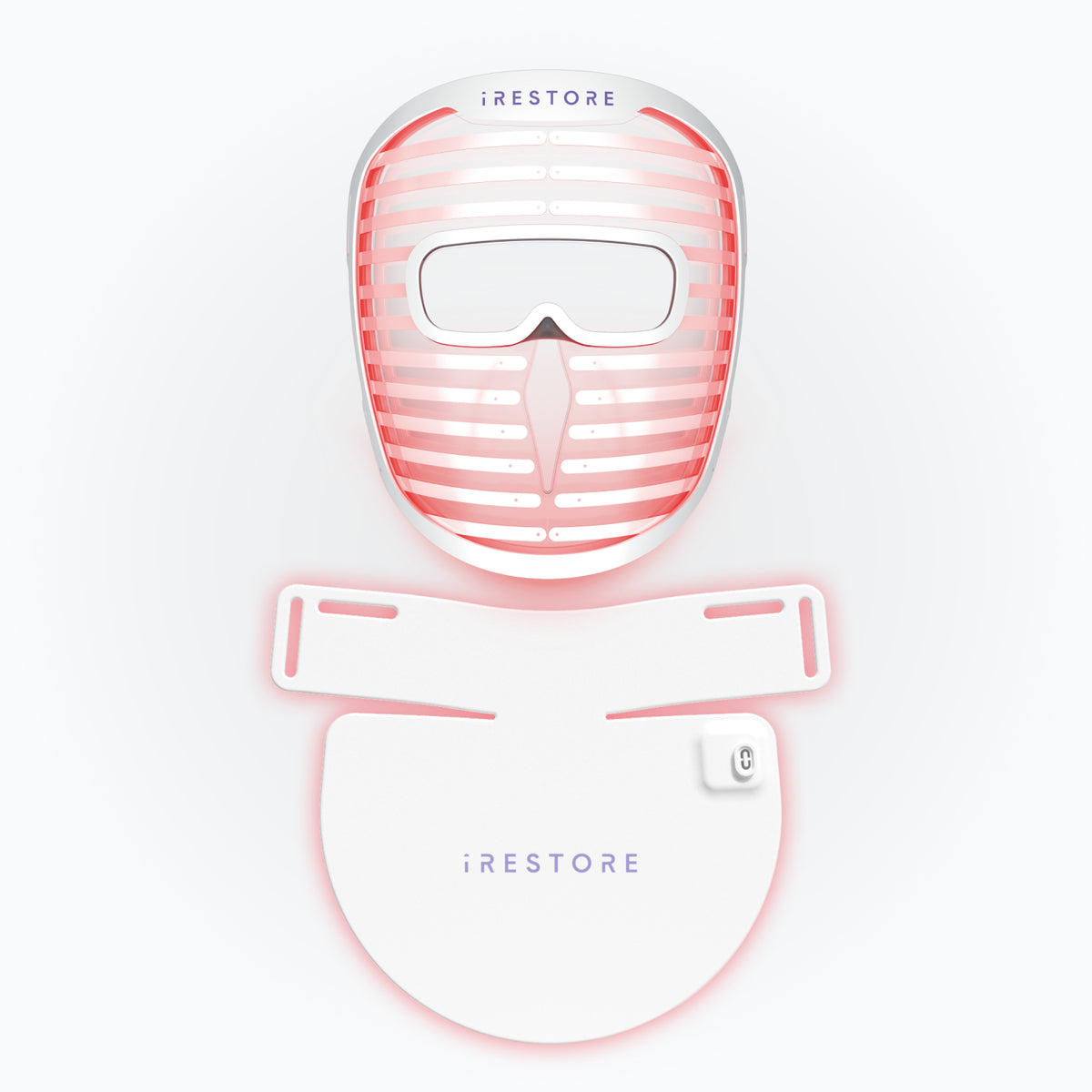 iRESTORE LED face mask on top of iRESTORE LED neck and chest mask