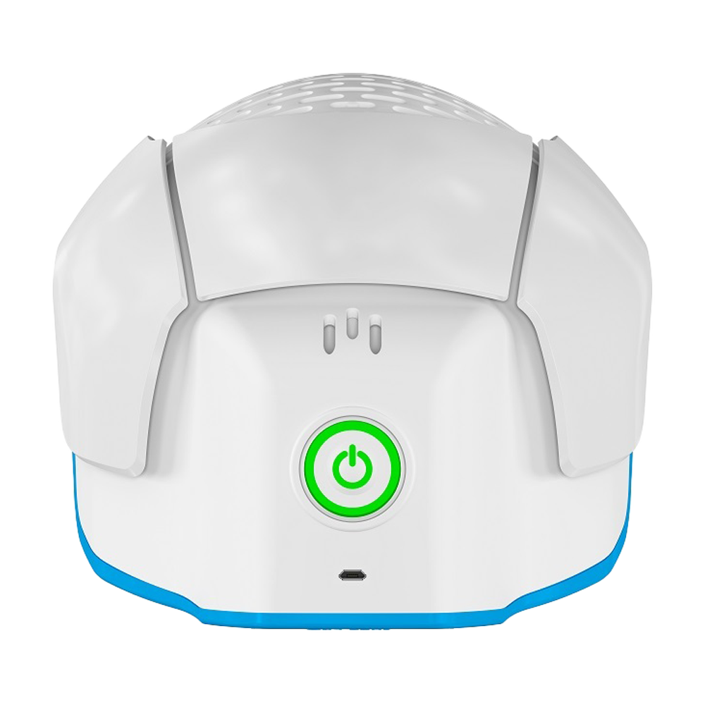 White robotic vacuum cleaner with green power button.